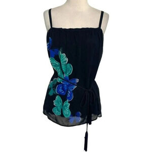 Bisou Bisou Michele‎ Bohbot Butterfly Camisole XL Black Blue Tassel Belt Y2K